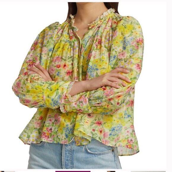LoveShackFancy Tops - LoveShackFancy Floral Yellow and Pink Blouse